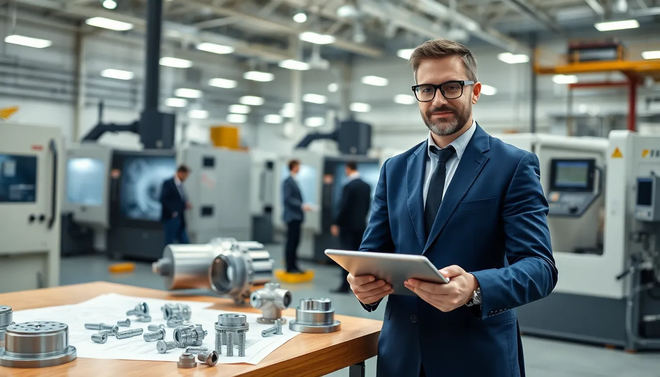 engineer reviews aircraft parts at modern us aerospace cnc machining facility
