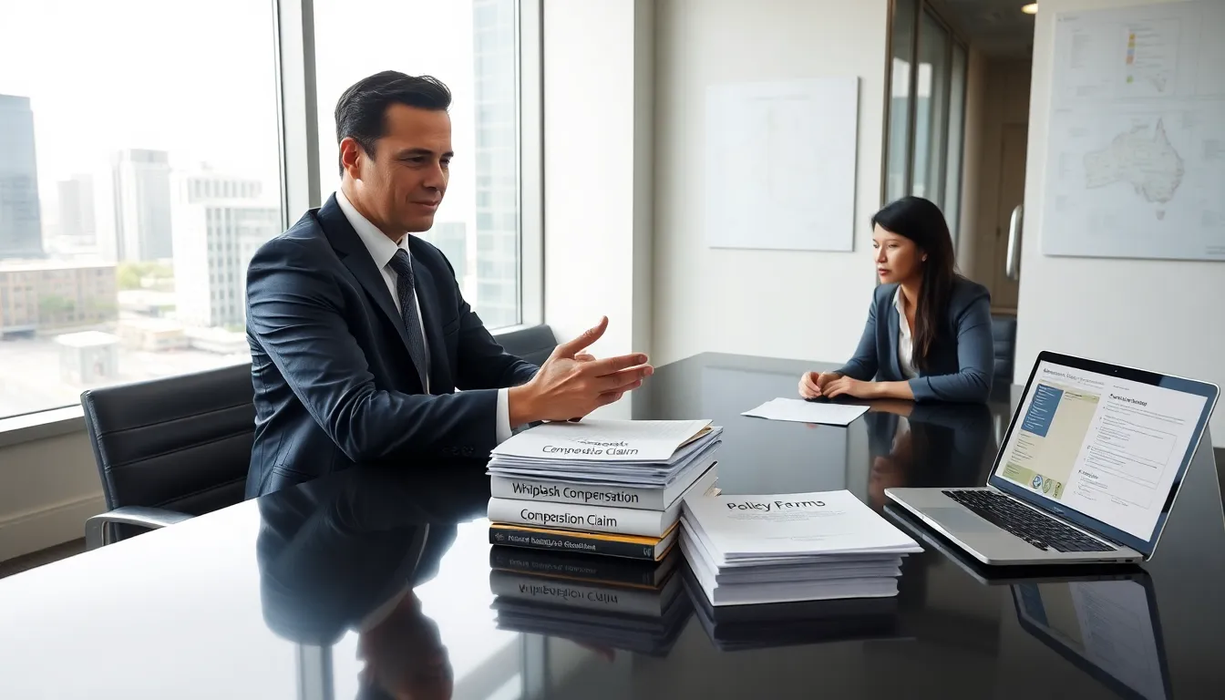 legal advisor and client discussing whiplash compensation in a modern office