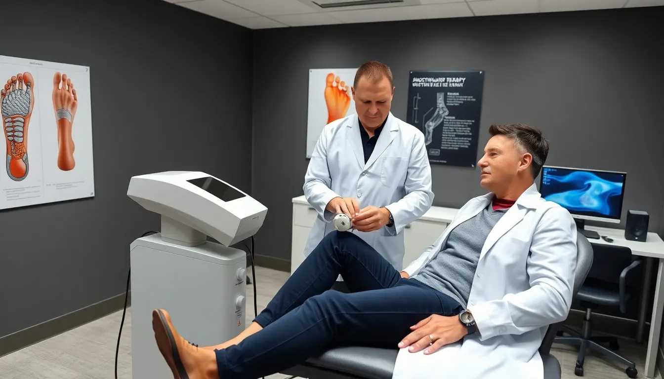 podiatrist using shockwave therapy device on patient s heel in a modern clinic